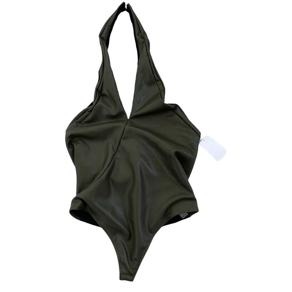 Alix NYC Faux Leather Bodysuit Halter Thong Olive Green L 8/10 NWT - Picture 6 of 12